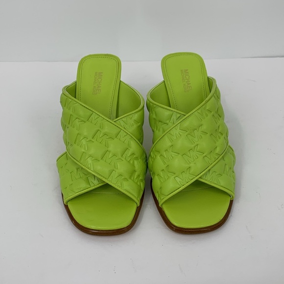 Michael Kors Gideon embossed logo sandal shoe lime green heel crisscross strap 6 - Picture 3 of 6
